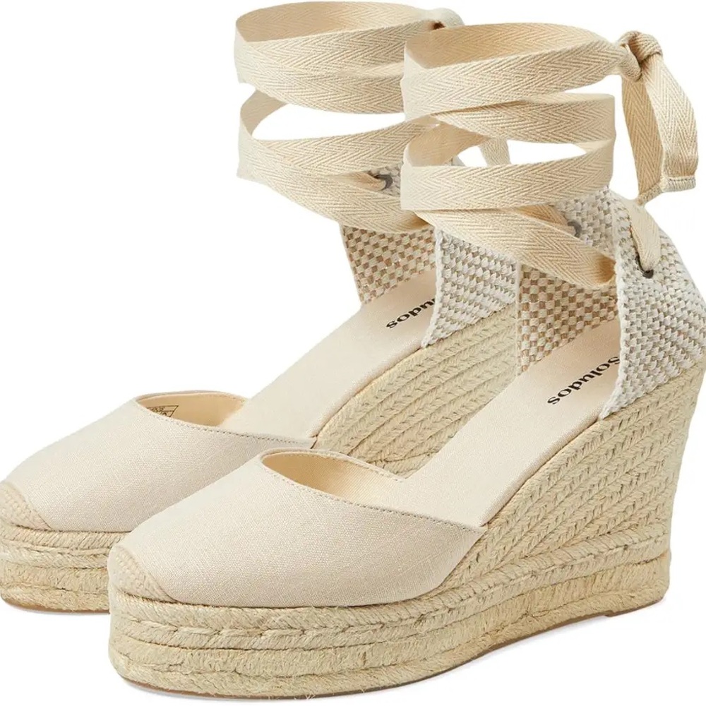 Soludos Cream Espadrille Wedge Ankle Tie Sandals